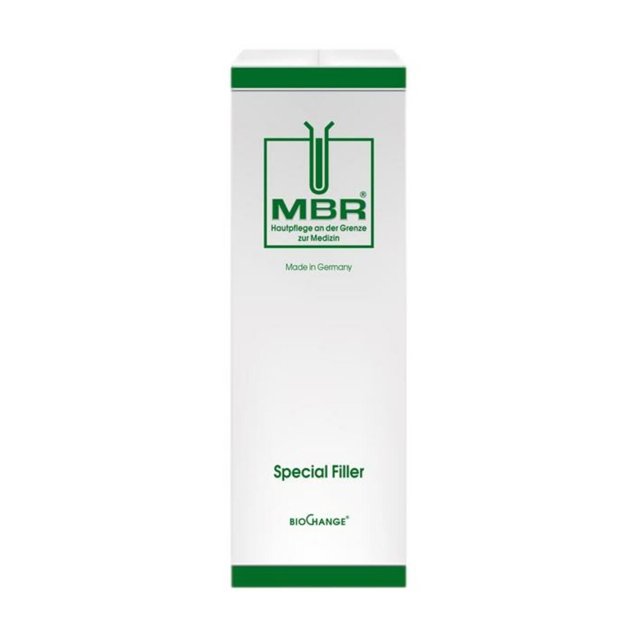 Weiße Verpackung mit grünem Logo und Schriftzug MBR, darunter "Special Filler" und "BioChange".