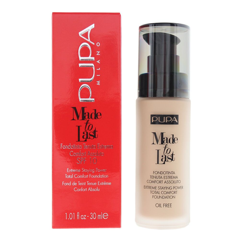 Beige Foundation-Flakon mit Pumpe und roter Verpackung. Schriftzug: Pupa Made to Last. Text in italienischer und englischer Sprache. SPF 10.