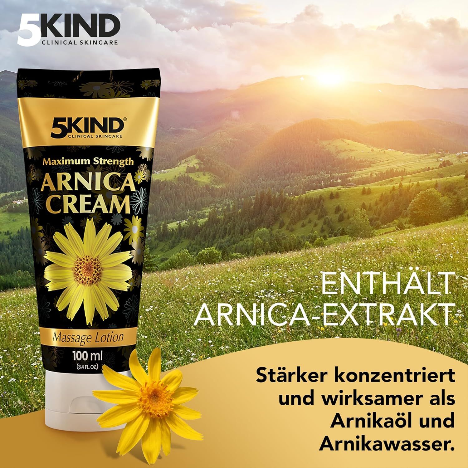 Creme-Tube mit gelbem Etikett. Text: 5kind, Arnica Cream, Massage Lotion. Hintergrund: Landschaft mit Bergen und Wiesen.