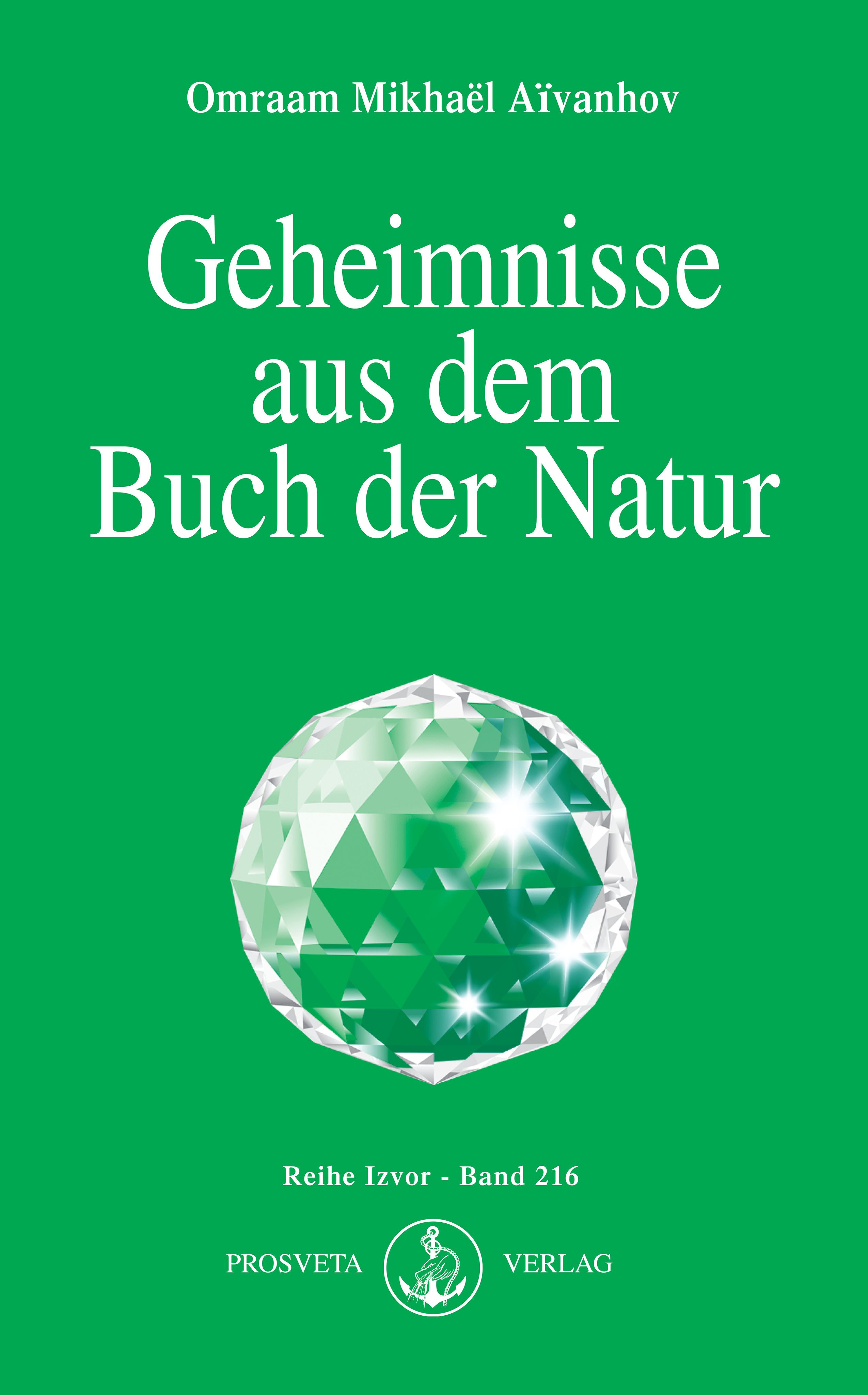 Buchcover mit Titel "Geheimnisse aus dem Buch der Natur". Grüner Hintergrund, Diamant-Illustration, Autor und Verlag.