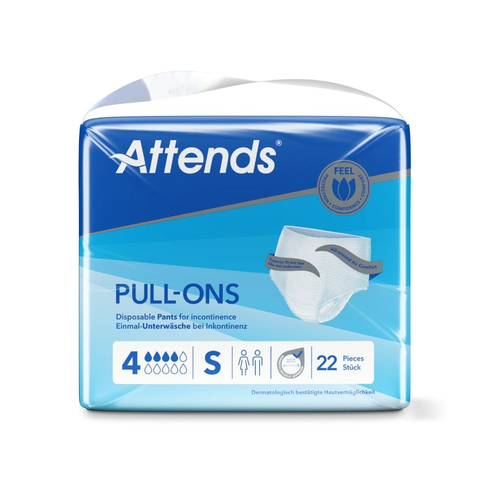 Verpackung Attends Pull-Ons 4 S. Einmalhosen. 22 Stück. Blaue Verpackung mit Produktabbildung und Logo.