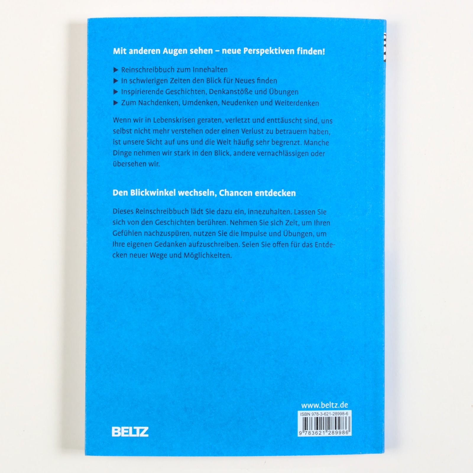 Buchrückseite mit Text. Blauer Hintergrund, Text in weißer Schrift, BELTZ Logo unten, ISBN-Code.