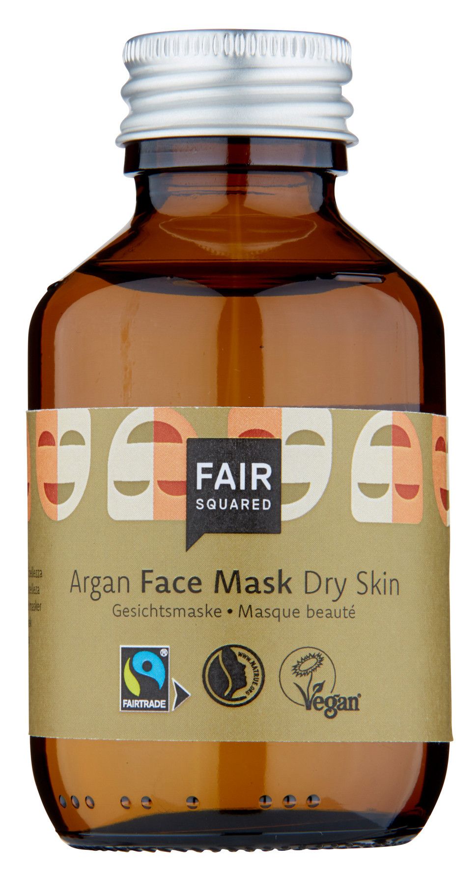 Braune Glasflasche mit silbernem Deckel. Etikett mit FAIR SQUARED Logo, Produktname und Siegeln: Fairtrade, Natrue, Vegan.