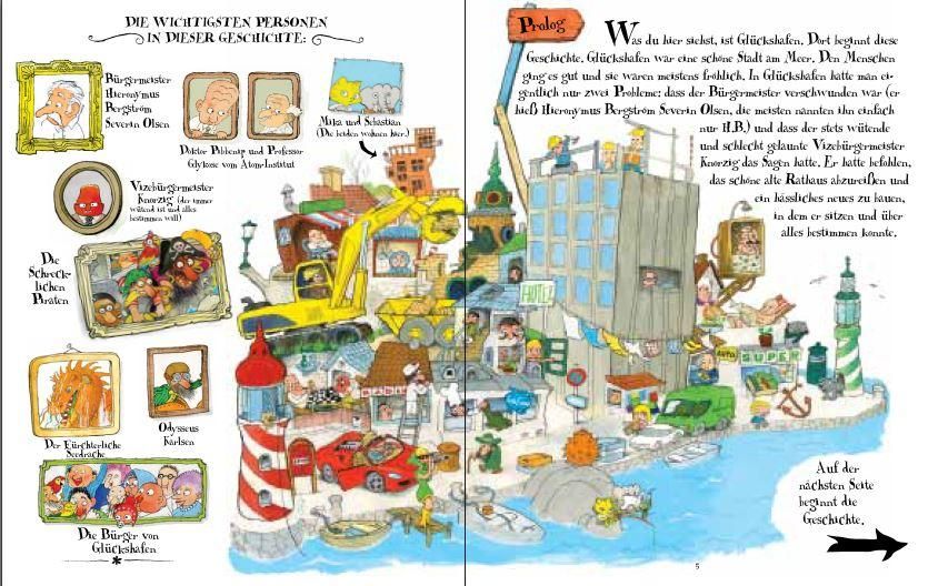 Doppelseite aus einem Kinderbuch. Illustration mit Figuren, Gebäuden und Fahrzeugen. Text in deutscher Sprache.