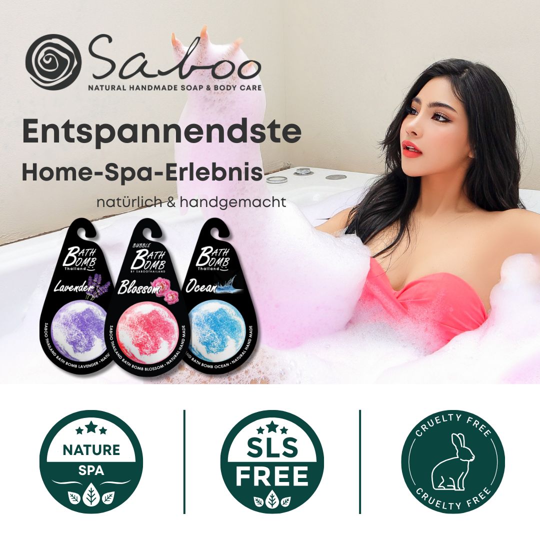 Frau in Badewanne mit Schaum. Drei Badebomben-Verpackungen. Text: Nature Spa, SLS Free, Cruelty Free. Logo.