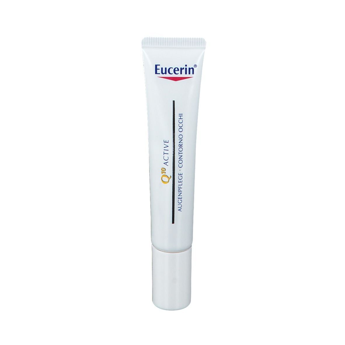 Weiße Tube mit Eucerin-Logo, Q10 Active und Augenpflege-Contorno Occhi-Schriftzug. Text in Schwarz.