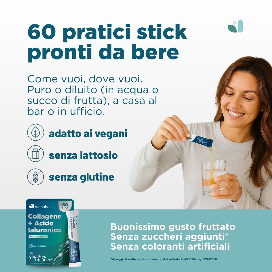 Frau gießt Flüssigkeit aus einem Stick in ein Glas. Text: 60 praktische Sticks zum Trinken. Vegan, laktosefrei, glutenfrei.