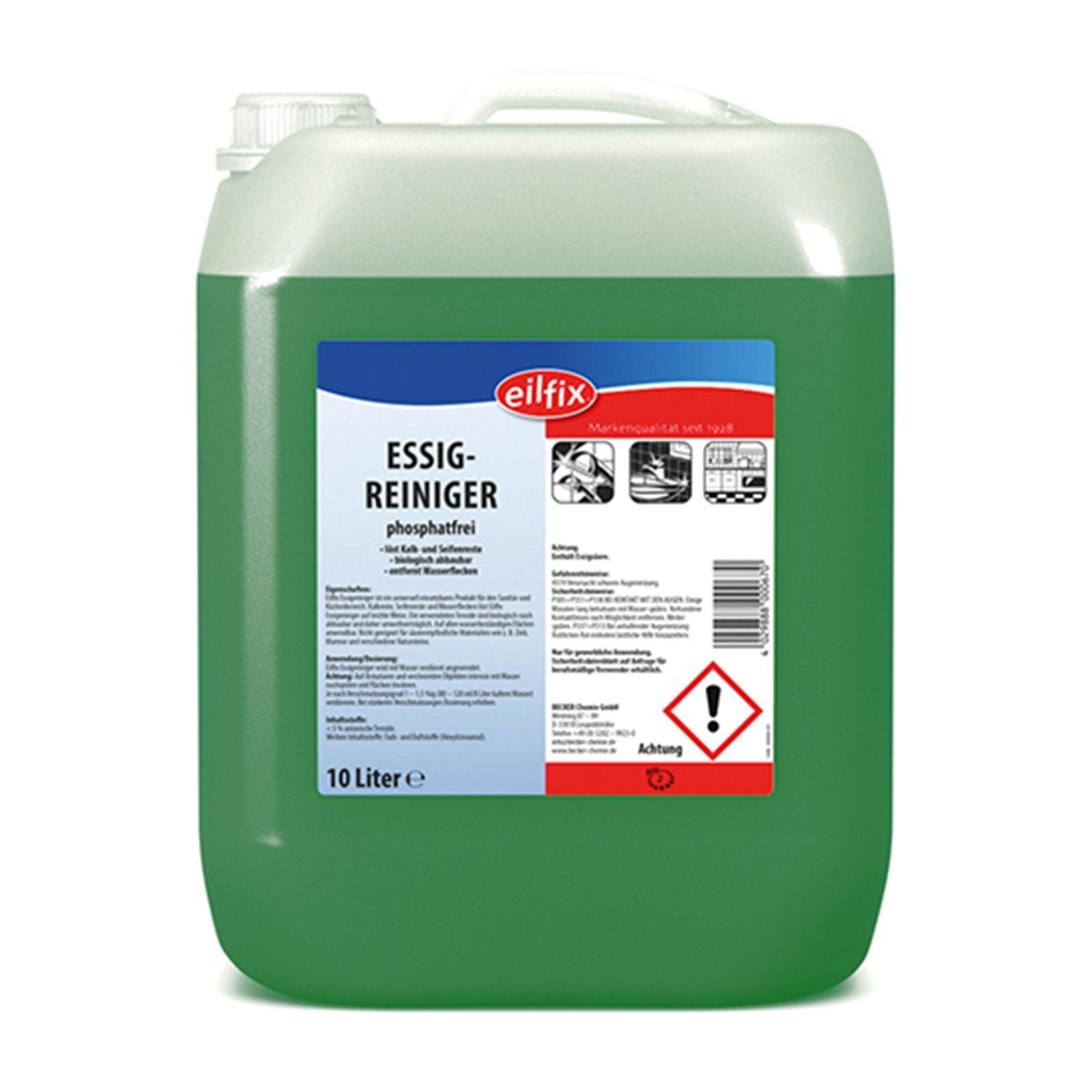 Grüne Flüssigkeit in einem rechteckigen Kanister. Aufschrift: Essig-Reiniger, phosphatfrei. Marke: Eilfix. 10 Liter.