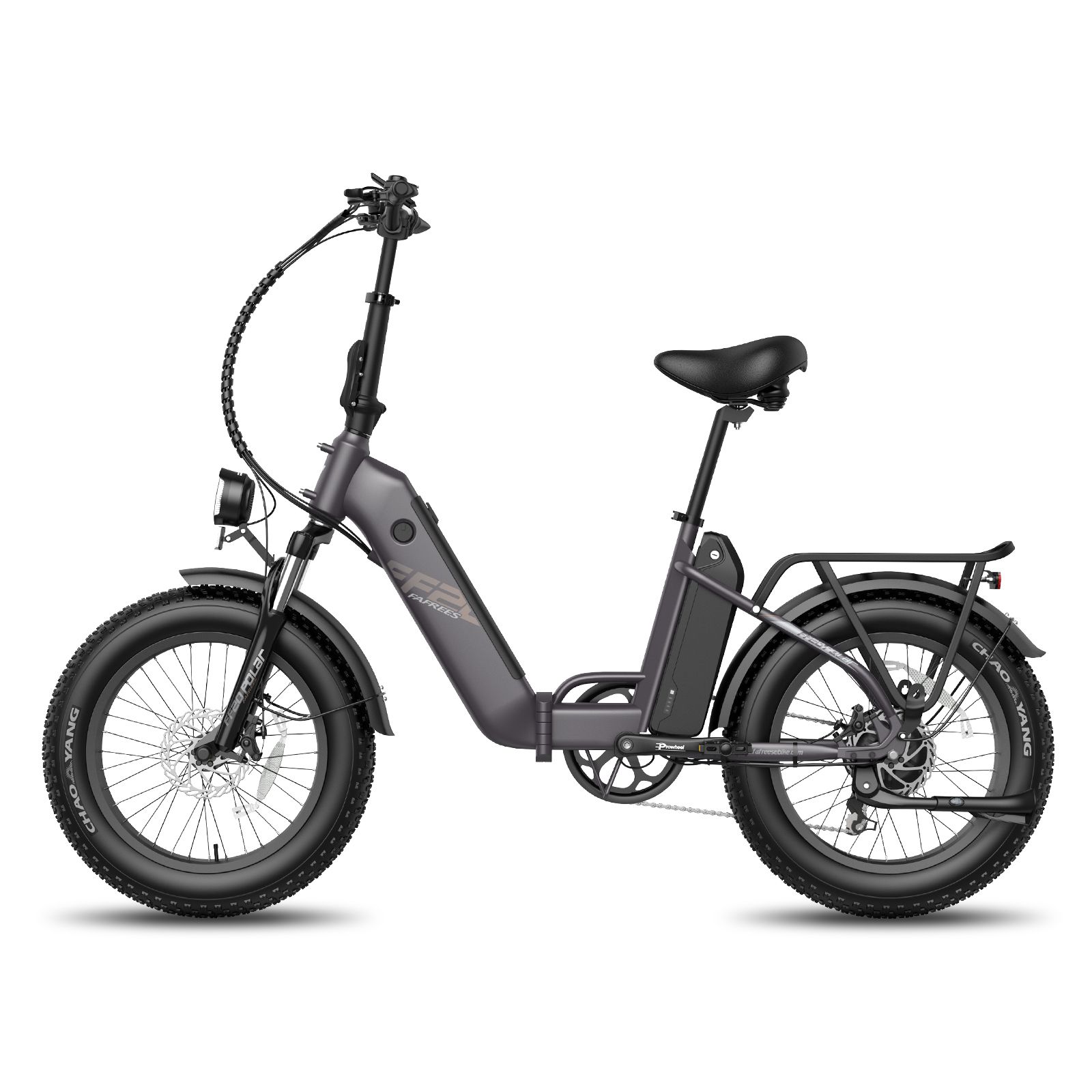 Graues Klapp-E-Bike mit breiten Reifen, Gepäckträger und Scheinwerfer. Akku am Rahmen.