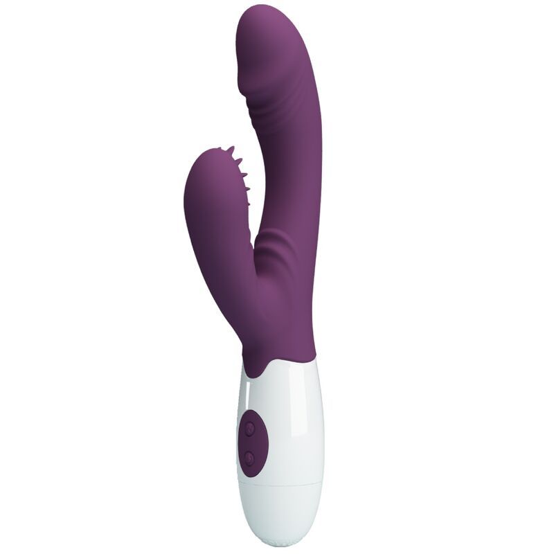 Lila Vibrator mit weißem Sockel. Der gebogene Schaft hat eine geriffelte Spitze und einen G-Punkt-Stimulator.