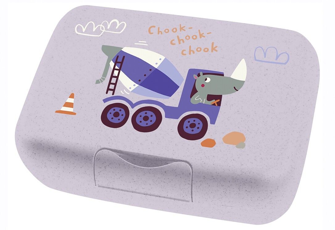 Lila Lunchbox mit Betonmischer-Illustration. Rechteckig, mit Trennfach und kindgerechter Gestaltung.