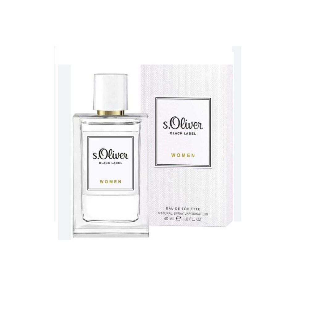 Eau de Toilette Flakon und Verpackung. Rechteckiger Flakon mit weißem Deckel. Aufschrift: s.Oliver Black Label Women.