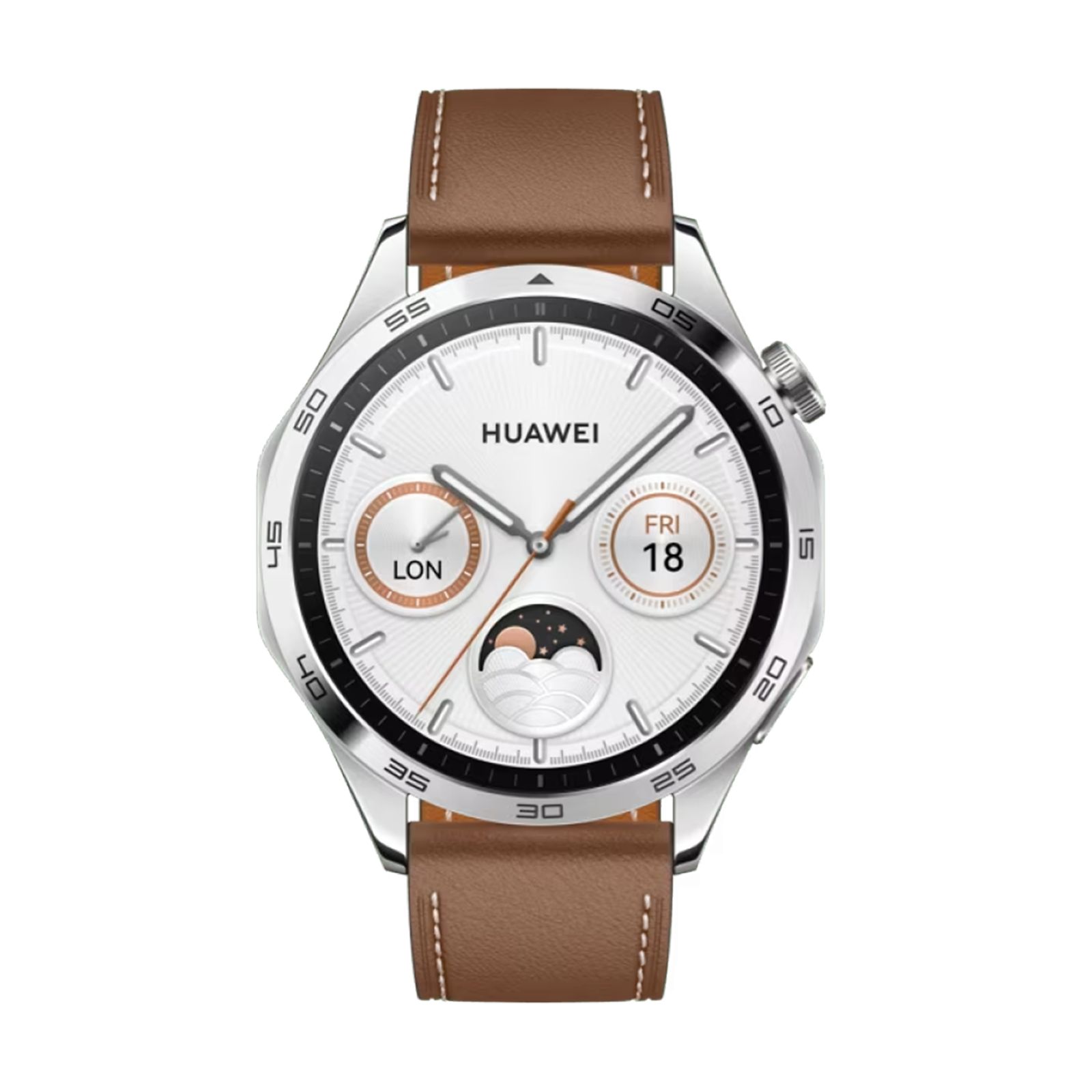 Smartwatch mit weißem Zifferblatt, Datumsanzeige und Huawei-Logo. Silbernes Gehäuse, braunes Lederarmband.