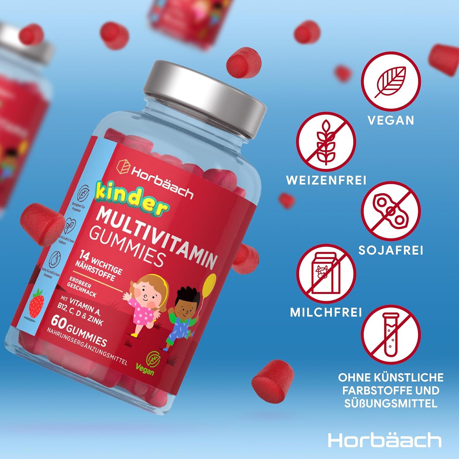 Glasflasche mit roten Gummibärchen. Aufschrift: Horbäach Kinder Multivitamin Gummies. 60 Gummies, Erdbeergeschmack, vegan, weizenfrei.