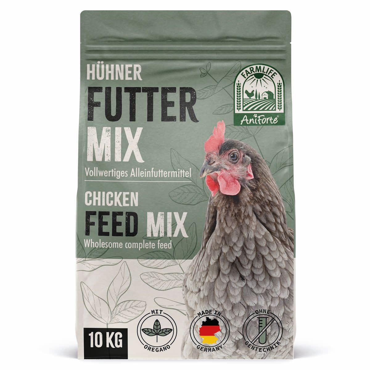 Grüne Tüte mit Hühner Futter Mix. Enthält Oregano. 10 kg. Mit Logo FarmLife und AniForte. Hergestellt in Deutschland.