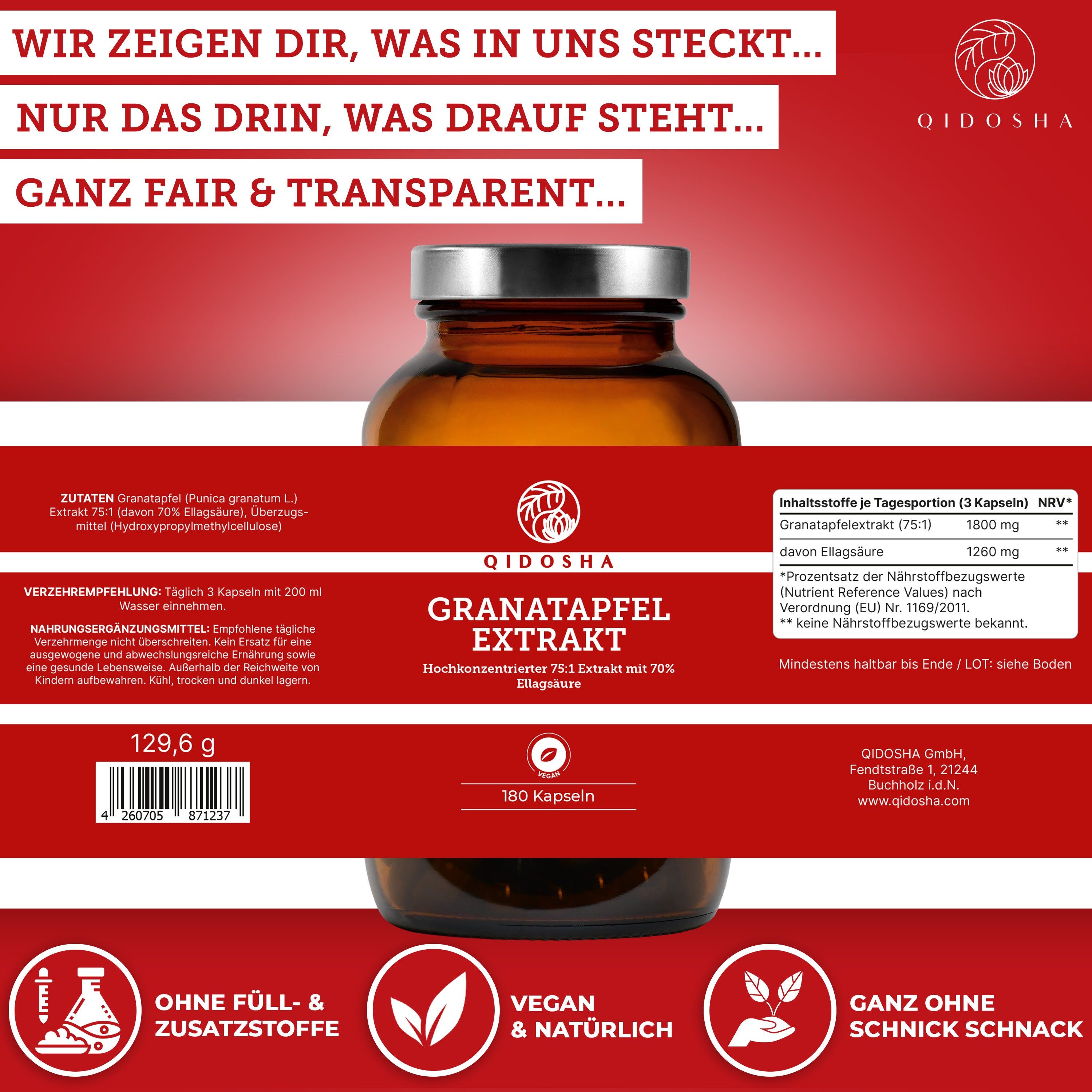 QIDOSHA Granatapfel-Extrakt: Flasche mit Nährwertangaben, Zutatenliste und Gewicht (129,6 g).