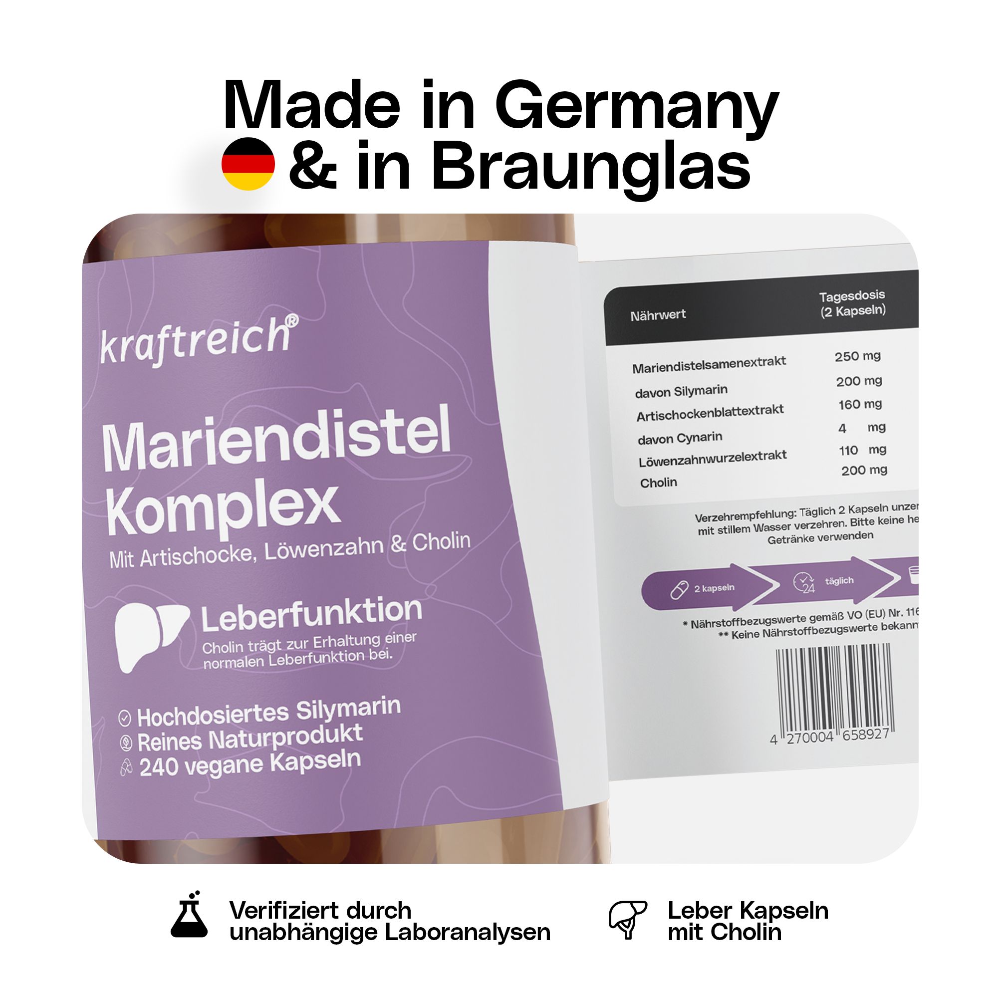 Produktflasche mit Etikett. Text: Mariendistel Komplex, Inhaltsstoffe, Leberfunktion. Zusatzinformationen und Nährwertangaben.