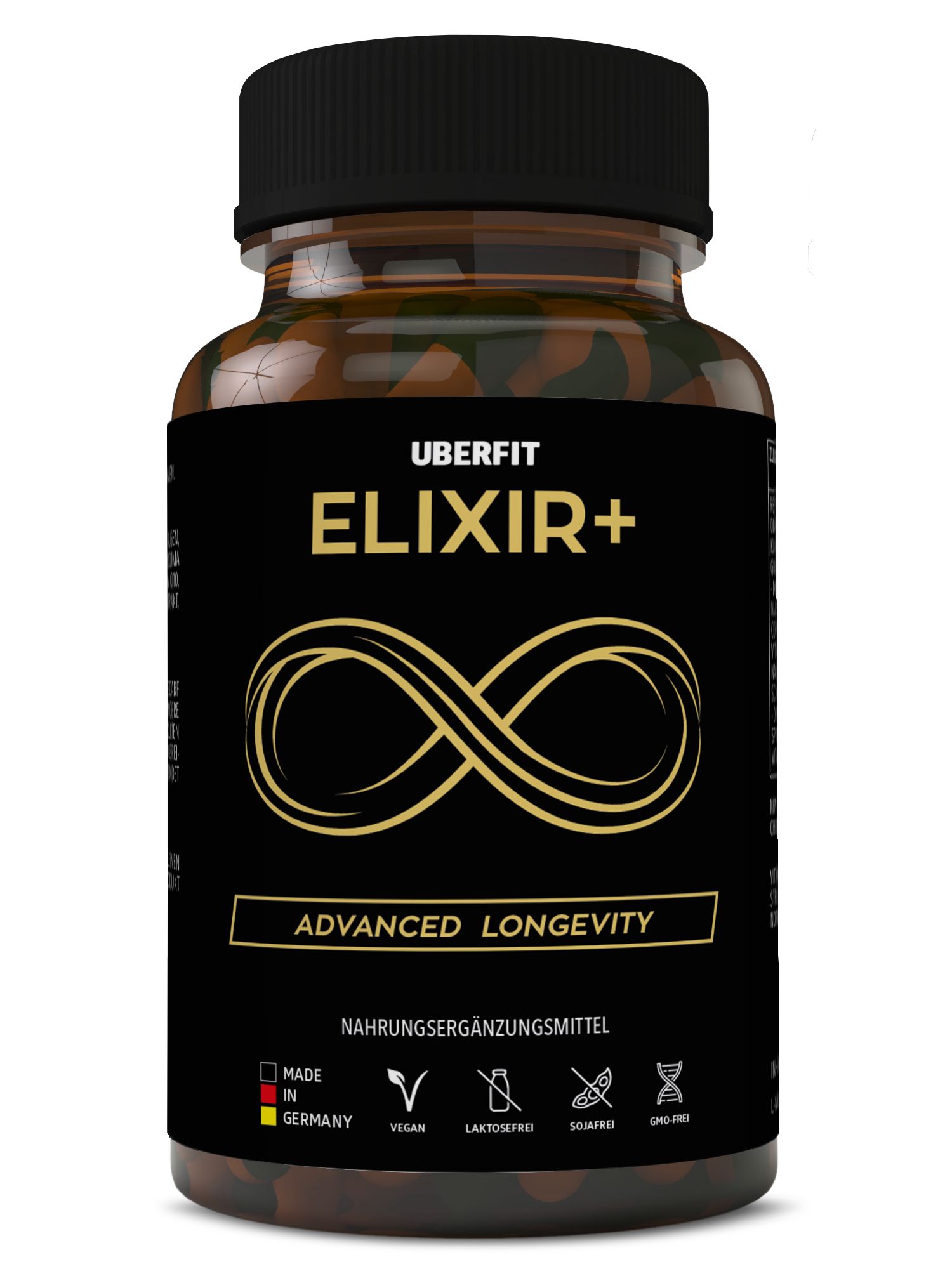 UberFit® ELIXIR+ Flasche. Text: Advanced Longevity, Nahrungsergänzungsmittel. Logos: Made in Germany, Vegan, Laktosefrei, Sojafrei, GMO-frei.