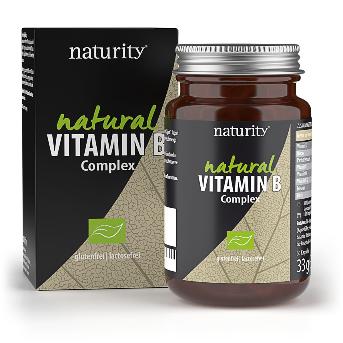 Braune Glasflasche und Schachtel mit "naturity natural VITAMIN B Complex"-Aufdruck. Grün-weißes Etikett, glutenfrei, laktosefrei.
