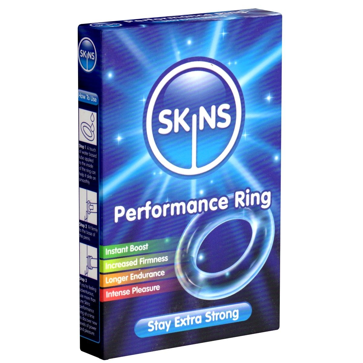 Verpackung mit SKINS Performance Ring. Blauer Hintergrund mit Produktnamen und Eigenschaften: Instant Boost, Increased Firmness, Longer Endurance, Intense Pleasure.