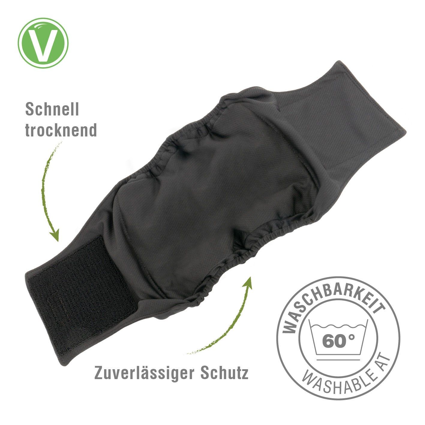 Schwarze Rüdenwindel mit Klettverschluss. Text: "Schnell trocknend", "Zuverlässiger Schutz", Waschbarkeit 60°.