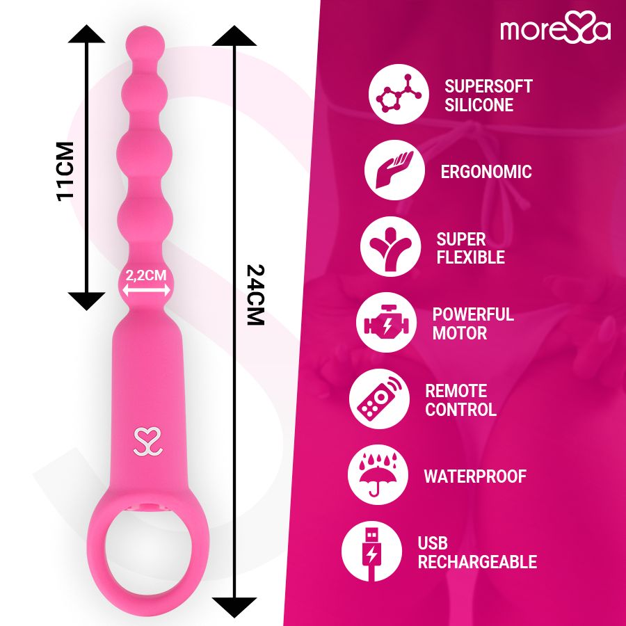 Pinkfarbener Vibrator mit Ring, Noppen und Maßen. Marke: more❤sa.
