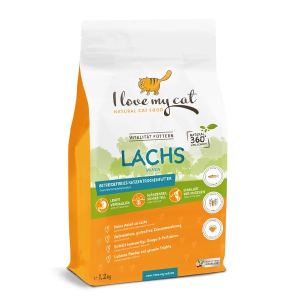Beutel mit Katzenfutter. Aufschrift: Lachs, Vitalität Füttern. Orange-weißes Design. 1,2 kg.