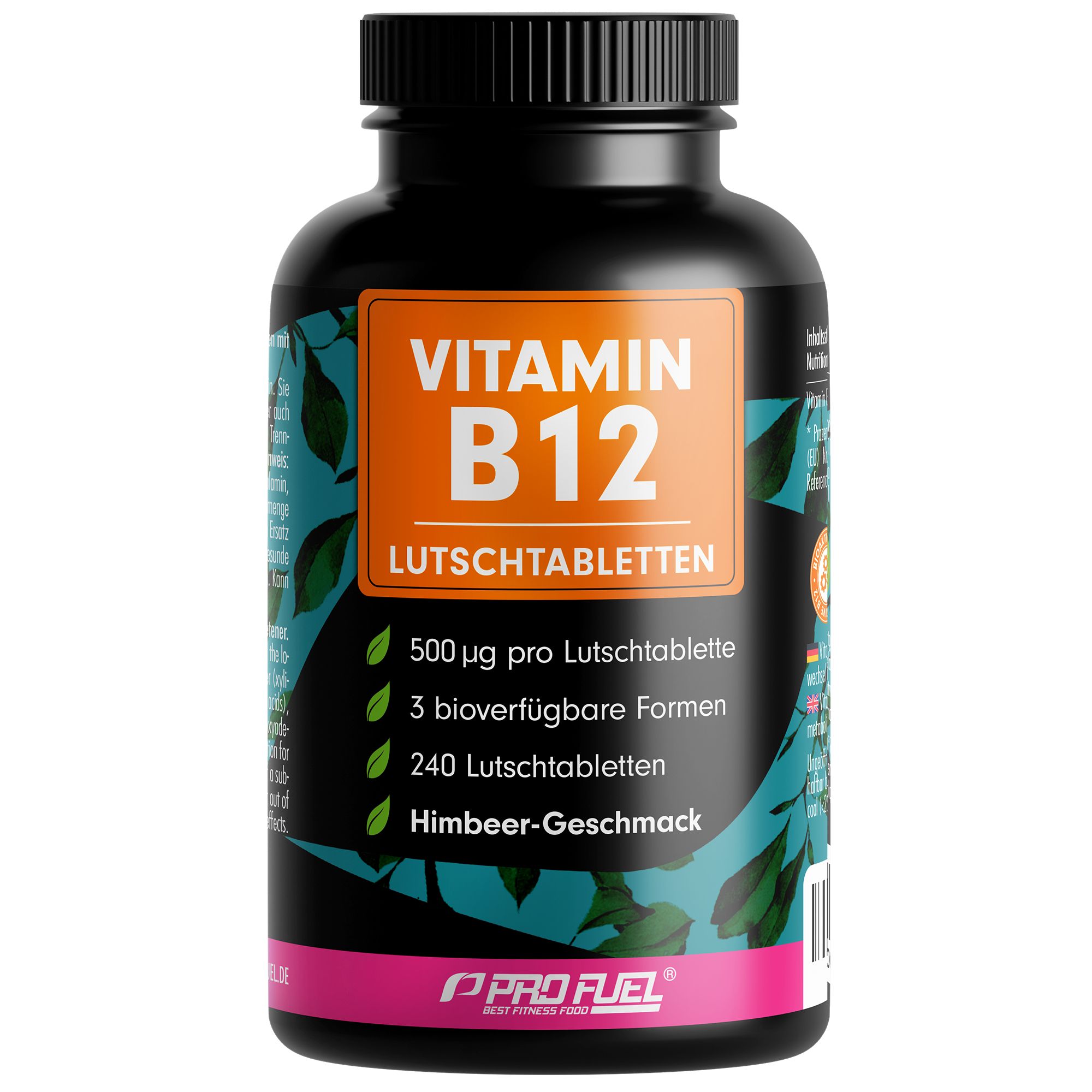 Schwarze Flasche mit Vitamin B12 Lutschtabletten. Aufschrift: 500 µg pro Lutschtablette, 3 bioverfügbare Formen, Himbeer-Geschmack.