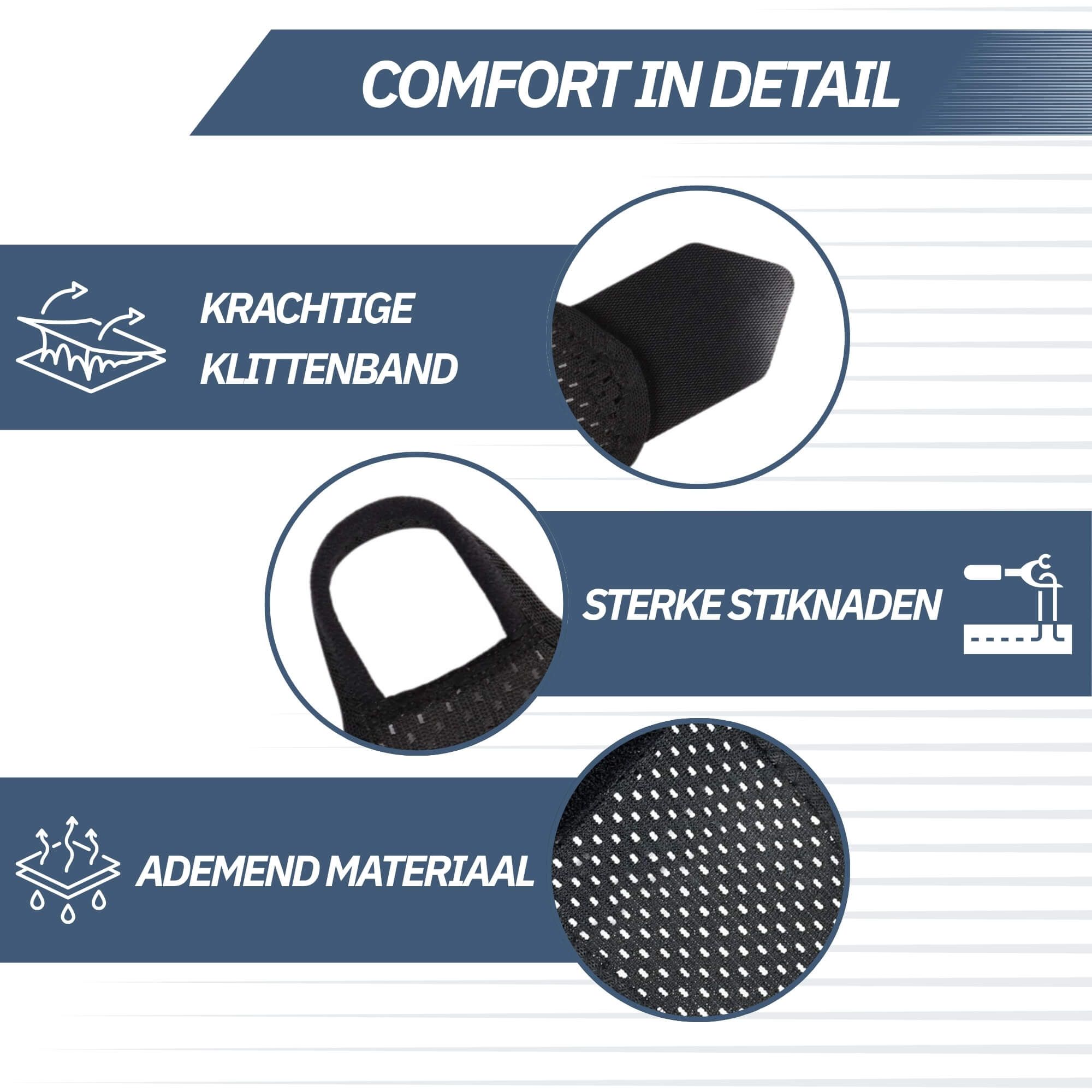 Details einer schwarzen Handgelenkbandage: Klettband, Nähte, atmungsaktives Material.