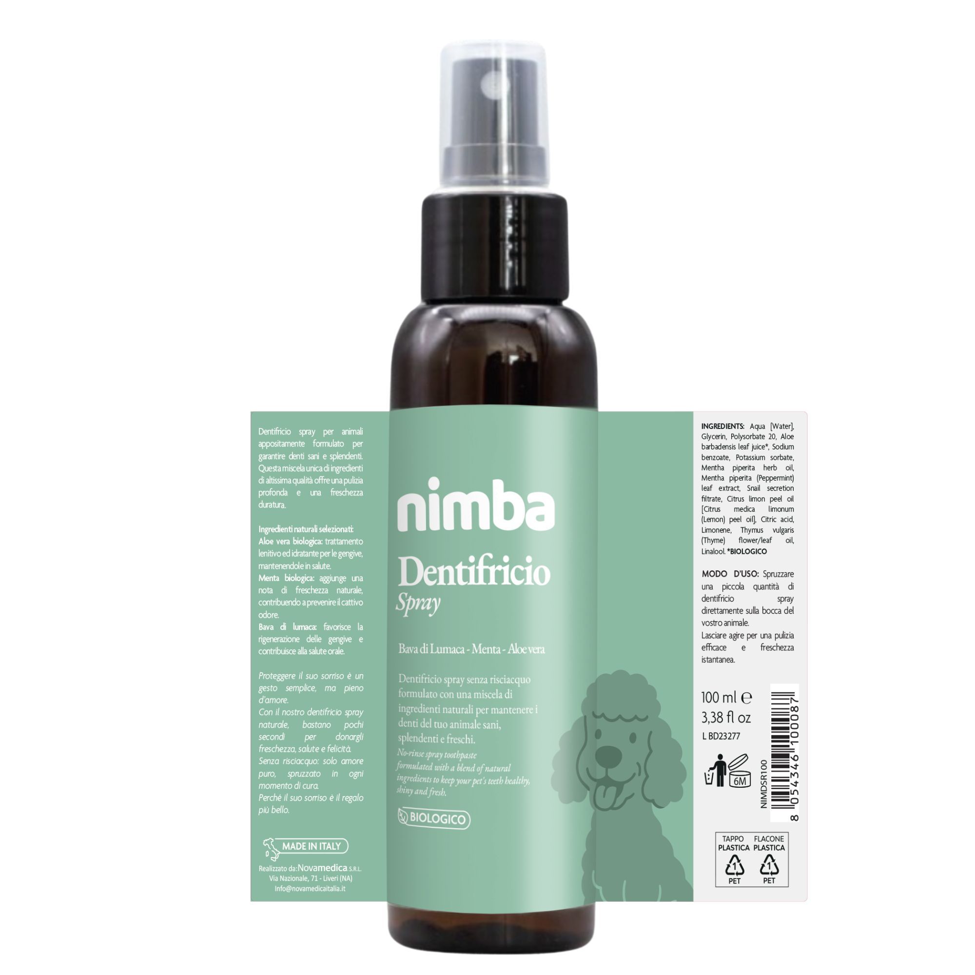 Braune Sprühflasche mit grünem Etikett. Text: Nimba Dentifricio Spray. Zusätzliche Etiketten mit Text und Inhaltsstoffen.