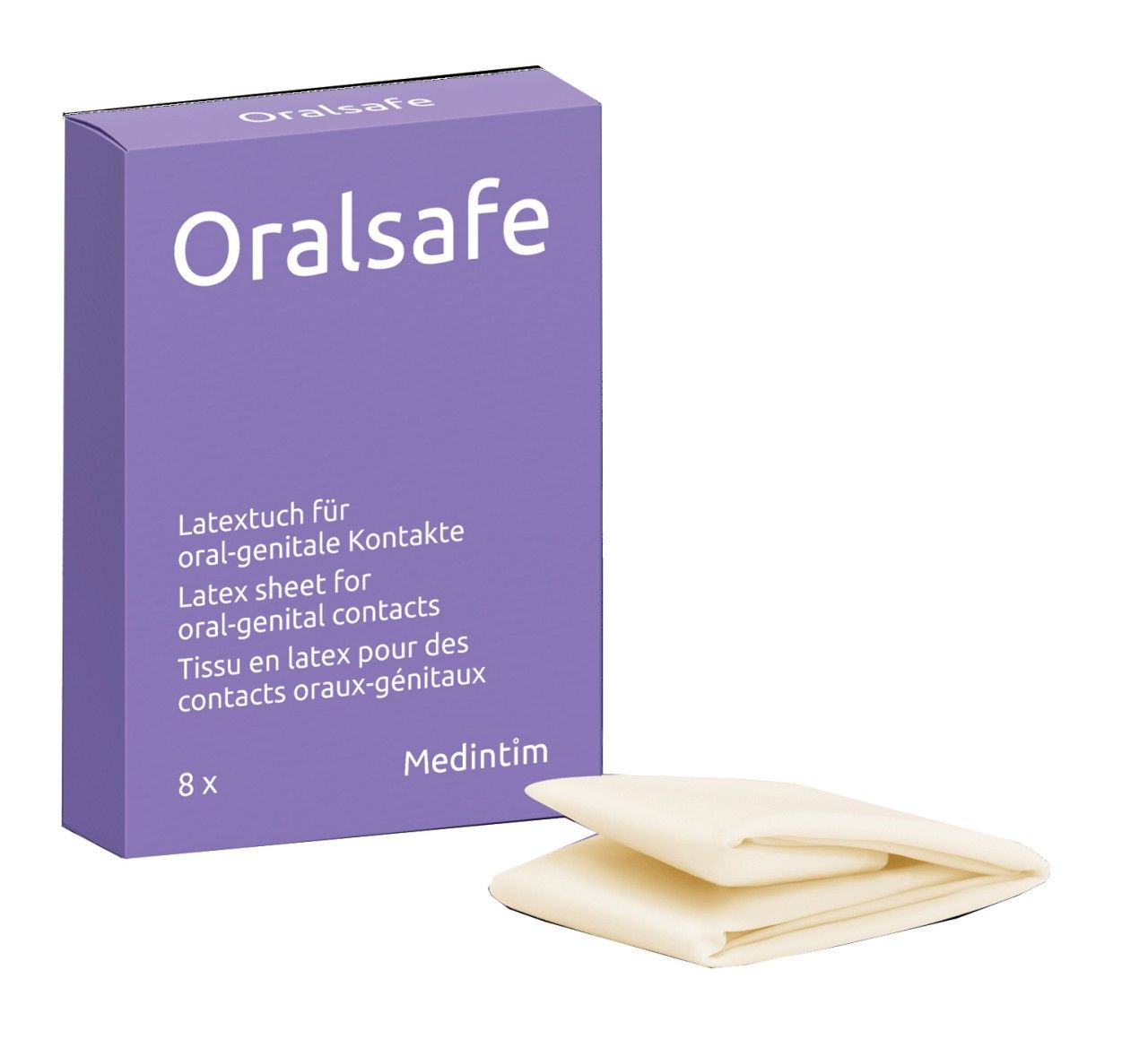 Violette Schachtel mit "Oralsafe"-Schriftzug. Darunter Text in Deutsch, Englisch und Französisch. 8 Stück. Daneben ein gefaltetes Latex-Tuch.
