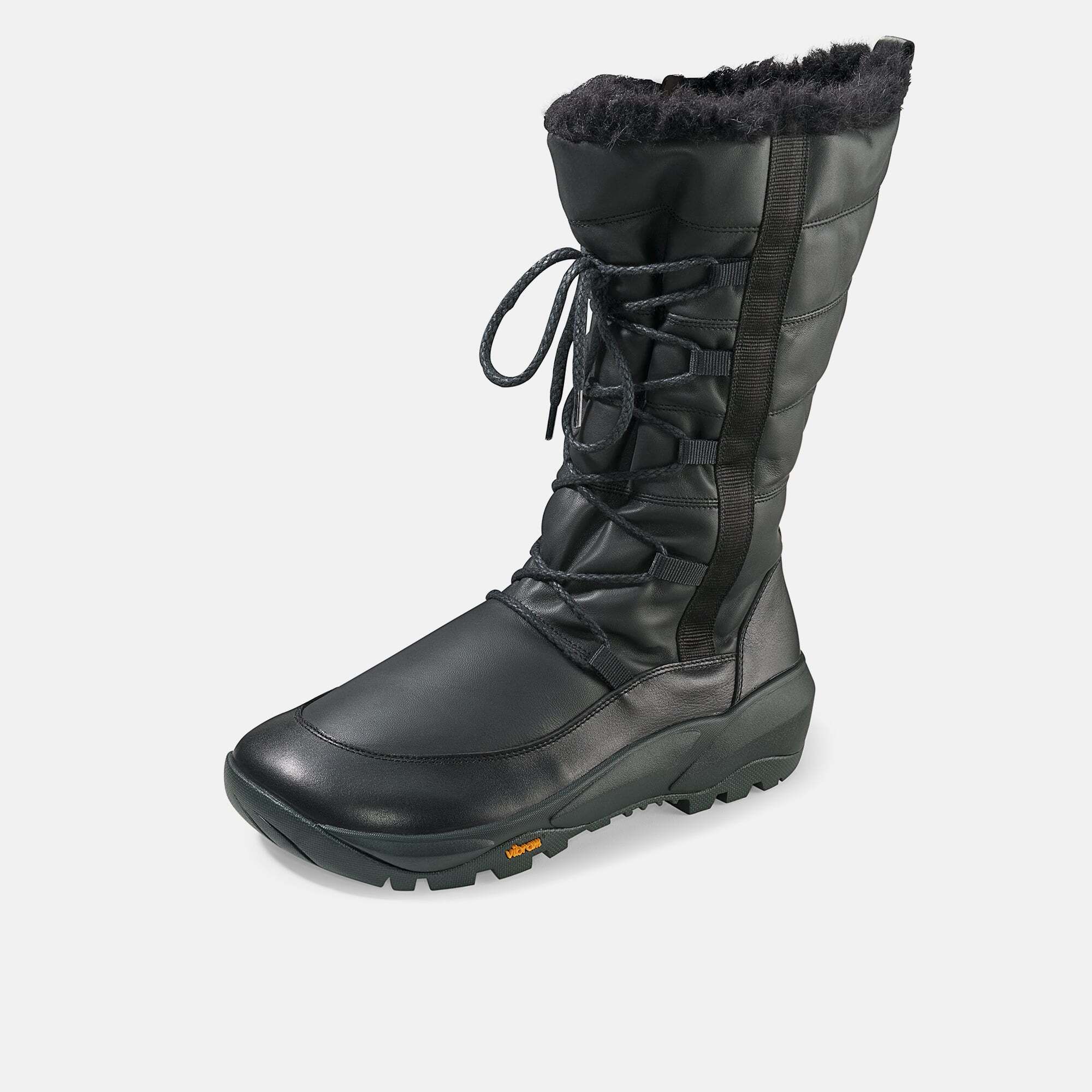 Schwarzer Stiefel mit Schnürung und Fellbesatz. Seitlicher Reißverschluss. Sohle mit Logo. Breite Ausführung.