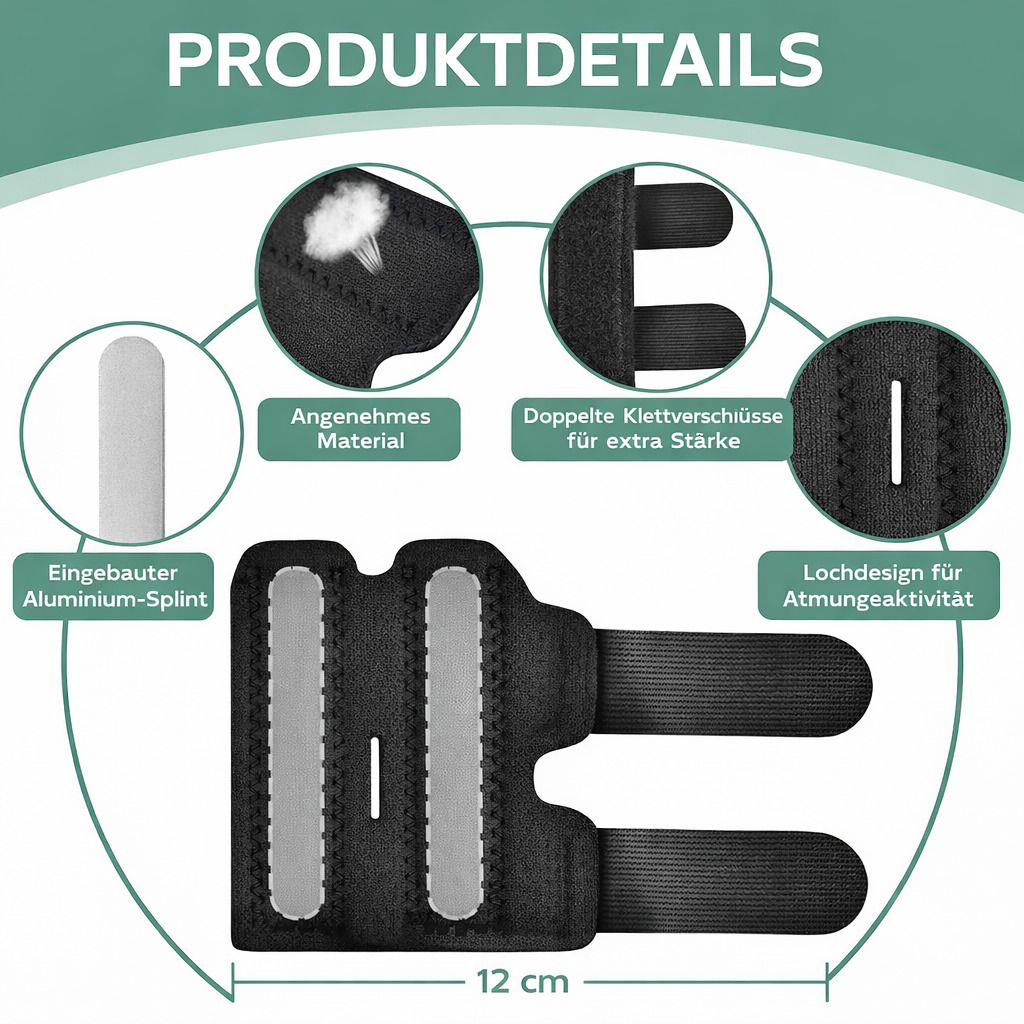 Detaillierte Ansicht einer schwarzen Fingerschiene. Mit Klettverschlüssen, Aluminium-Splint und Lochdesign für Atmungsaktivität.