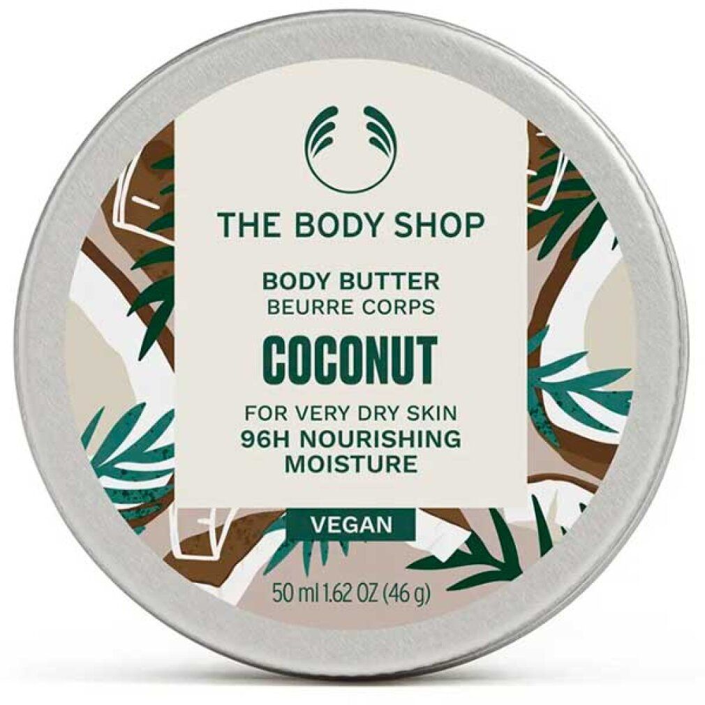 Runde Dose mit Deckel. Aufschrift: THE BODY SHOP, Body Butter, Coconut. Vegan. Kokosnuss-Dekor. 50 ml.