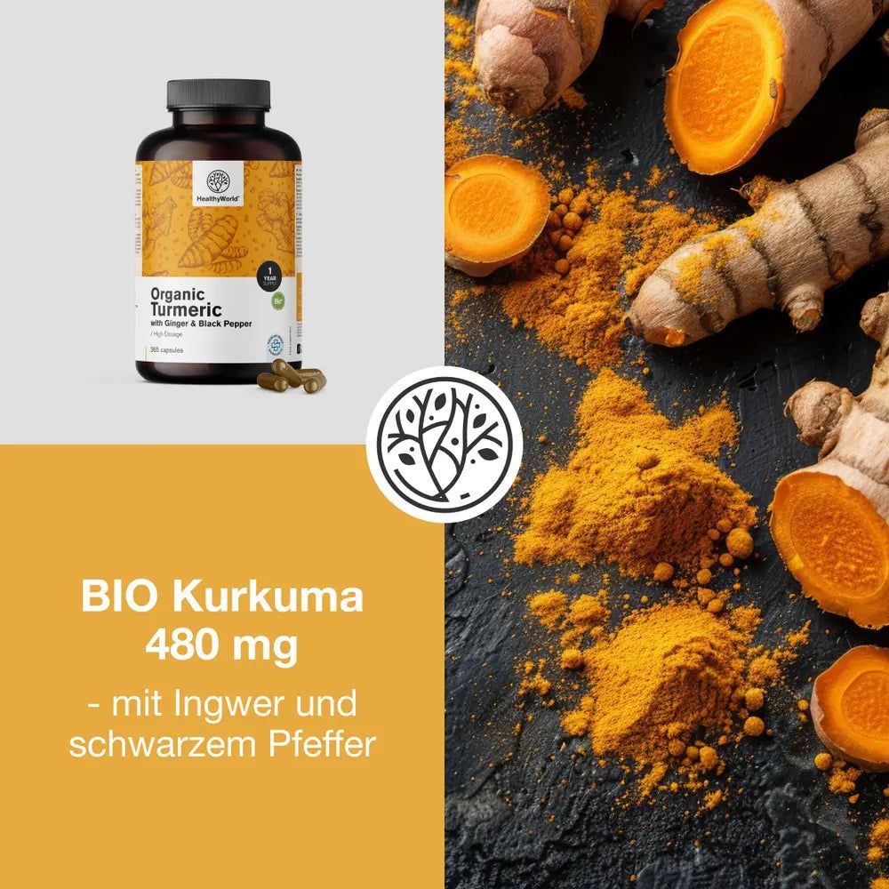 Produktabbildung mit Kurkuma-Pulver und -Stücken. Flasche mit Aufschrift BIO Kurkuma 480 mg. Logo HealthyWorld.