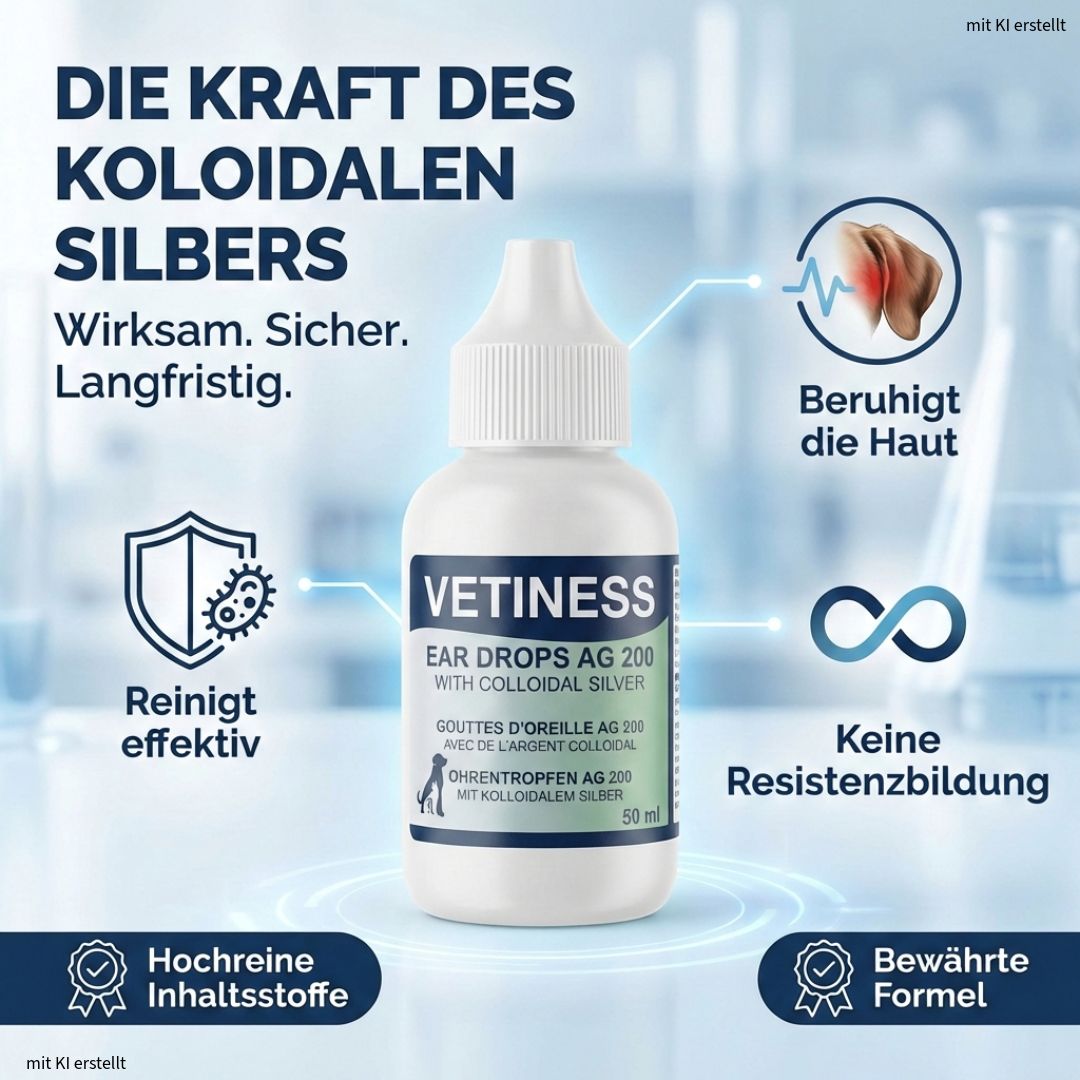 Weiße Flasche mit blauer und grüner Beschriftung. Text: Vetiness Ear Drops AG 200 with colloidal silver. Text: Die Kraft des kolloidalen Silbers.