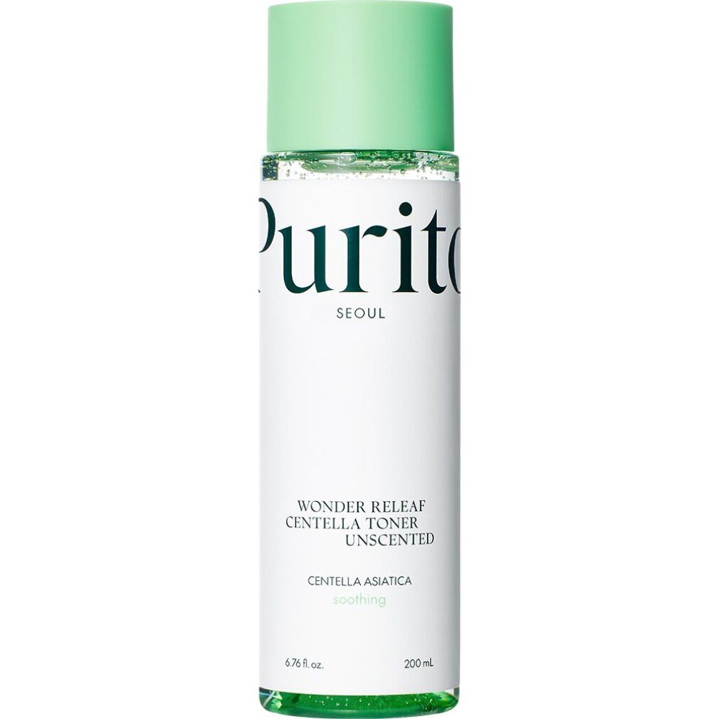 Purito Centella Unscented Toner Flasche, weiß mit grünem Deckel, Produktinformationen aufgedruckt.