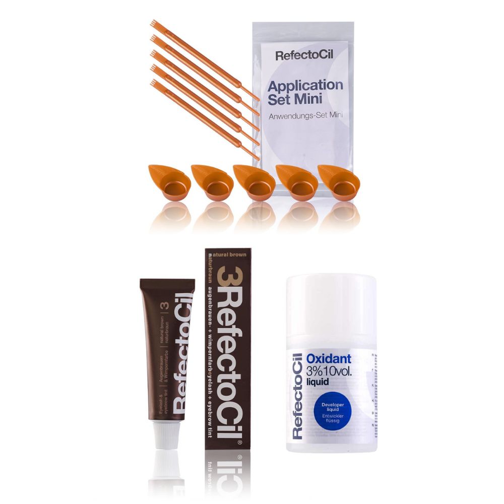 Refectocil Wimpernfarbe naturbraun 3 & Refectocil Oxidant flüssig 3% & Mini-Anwendungs Set