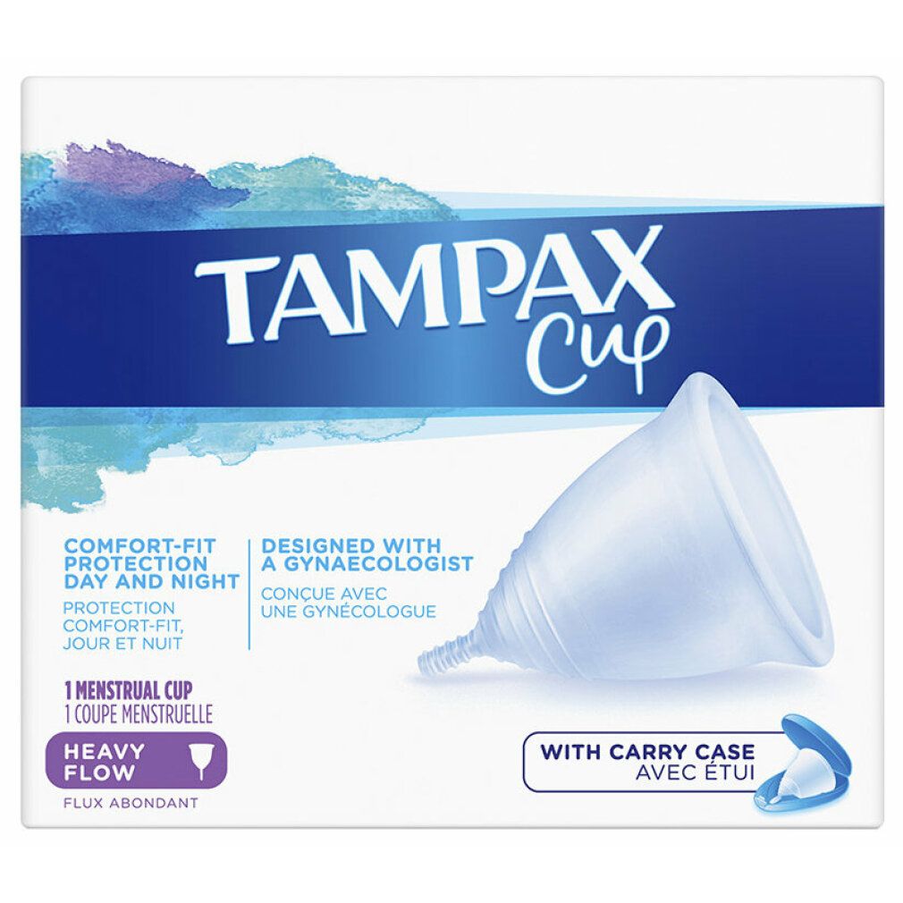 Tampax Cup Menstruationstasse. Verpackung mit Produkt und Trageetui. Text: Comfort-Fit, Tag und Nacht, 1 Menstruationstasse, Heavy Flow.