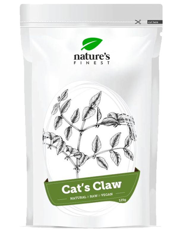 Weißer Beutel mit Aufdruck. Oben steht "Nature's Finest". Darunter eine Zeichnung von Blättern und Zweigen. Auf grünem Band steht "Cat's Claw".