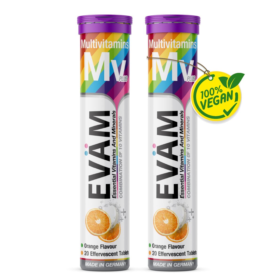 Zwei Tuben EVÄM Multivitamin Brausetabletten. Jede Tube enthält 20 Brausetabletten mit Orangengeschmack. Vegan-Siegel.