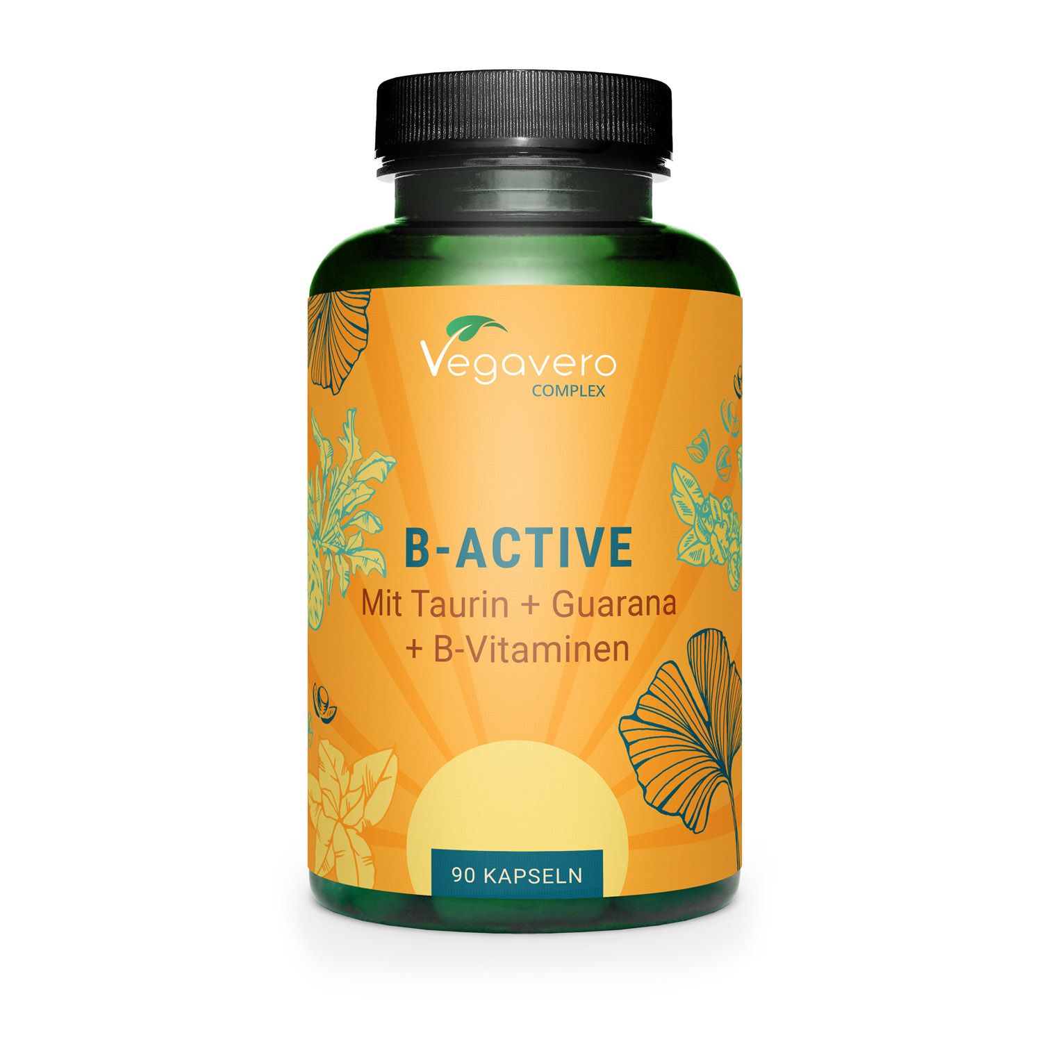 Grüne Flasche mit schwarzen Deckel. Aufkleber mit Produktnamen B-Active, 90 Kapseln. Vegavaro Logo.