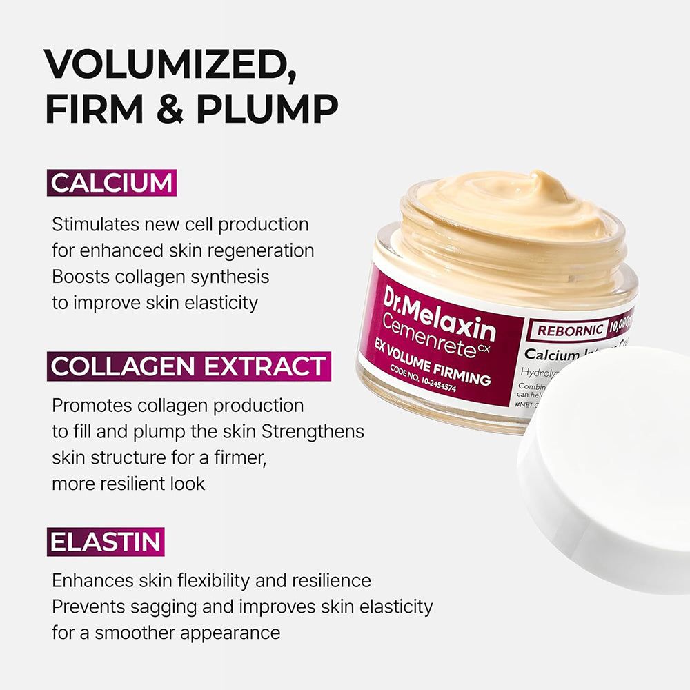 Cremetiegel mit Dr. Melaxin Zementex Ex Volume Firming Creme. Enthält Calcium, Kollagenextrakt und Elastin.