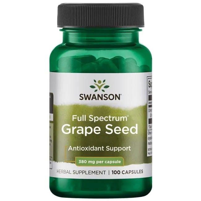 Grüne Flasche mit Swanson Grape Seed Kapseln. Aufschrift: Full Spectrum Grape Seed, 380 mg pro Kapsel, 100 Kapseln.