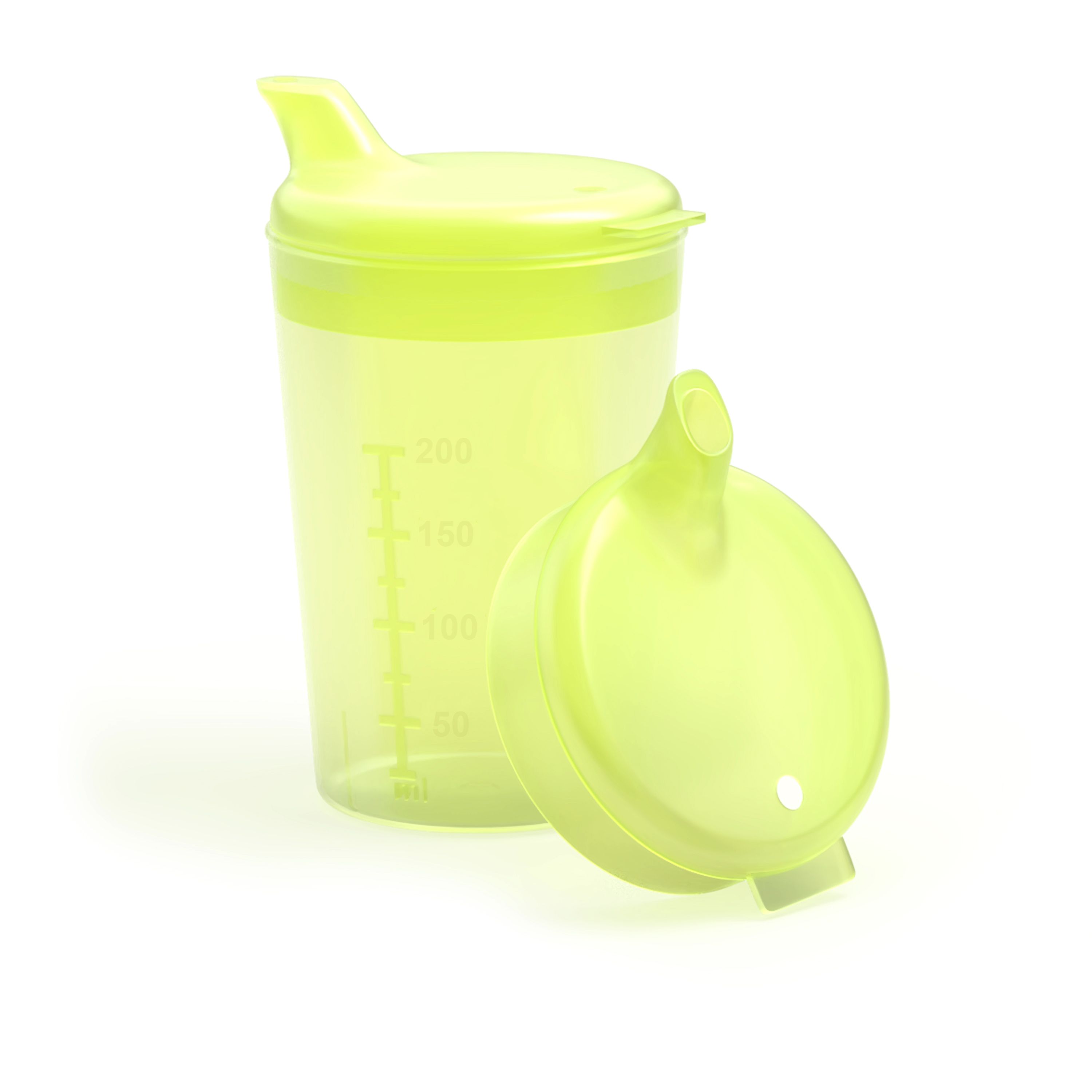 Trinkbecher mit zwei Deckeln. Becher transparent, grünliche Farbe, mit Messskala. Deckel mit Ausguss. Ein Deckel liegt daneben.