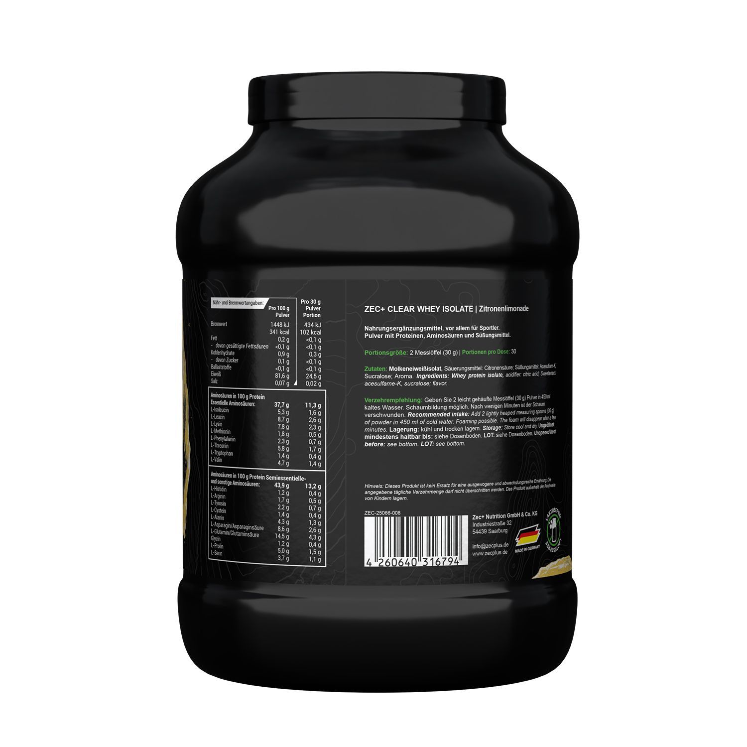 Zec+ Clear Whey Isolate Protein/ Eiweiß Zitronenlimonade 900 GR Pulver