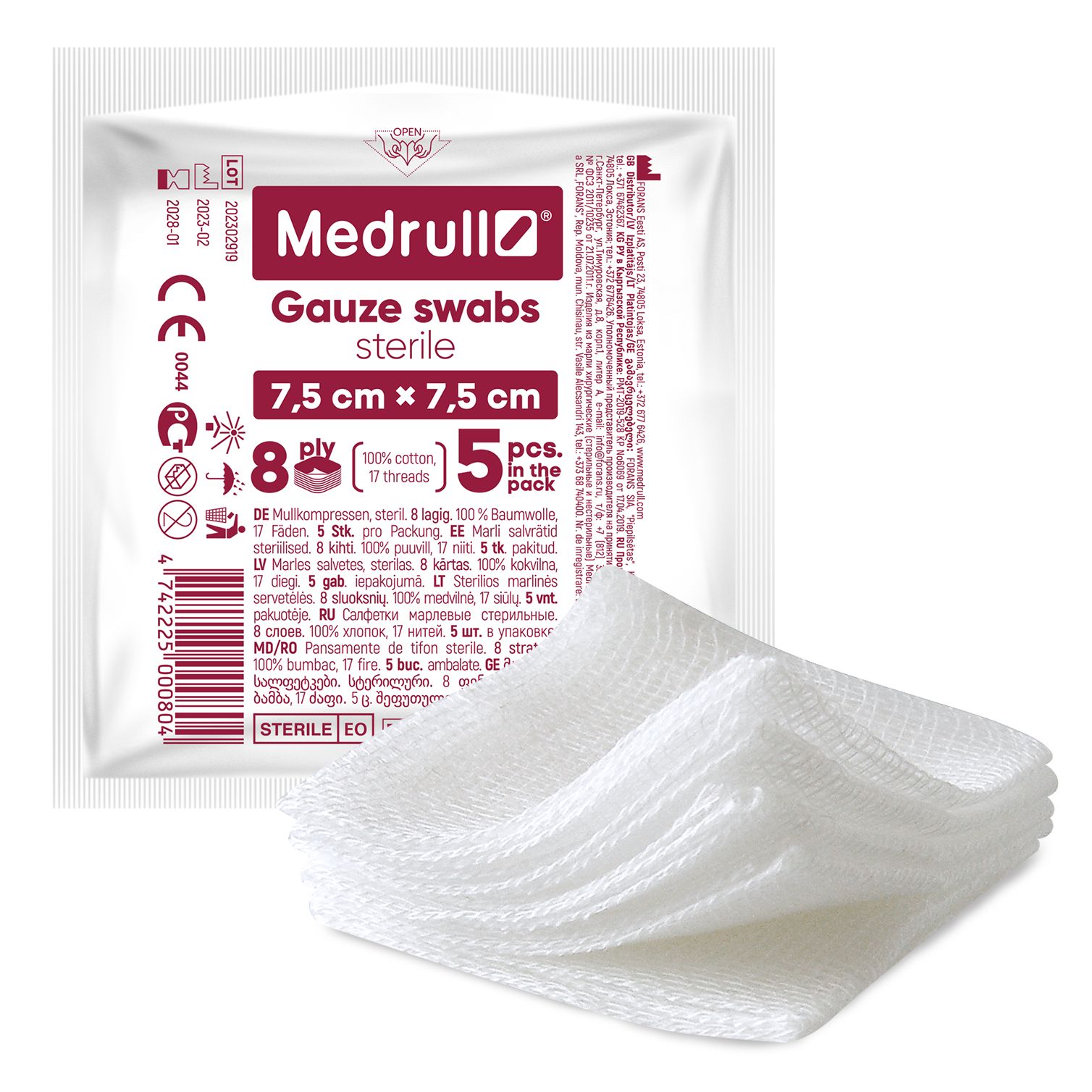 Verpackung mit 5 sterilen Mullkompressen, 7,5x7,5 cm, 8-lagig, 100% Baumwolle.