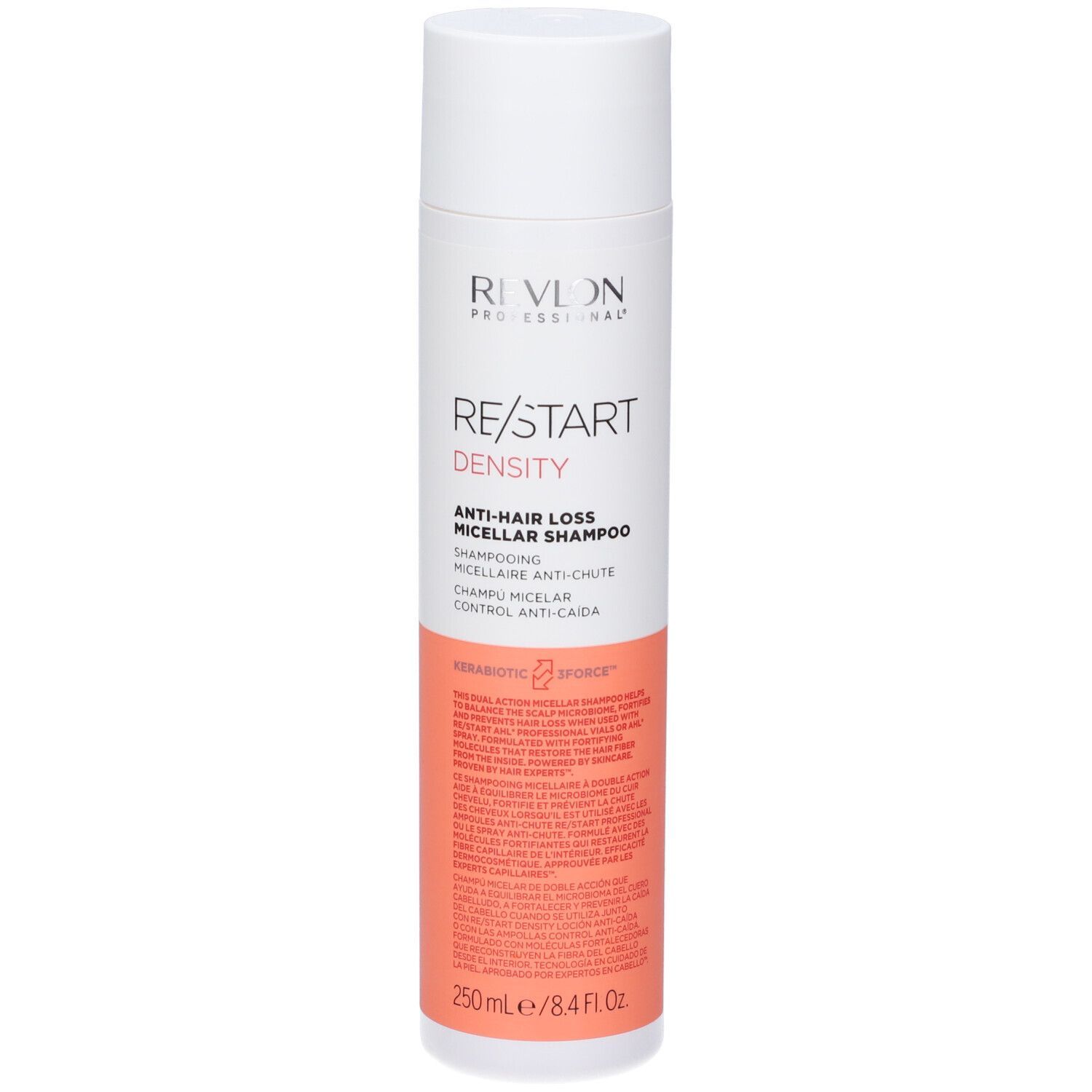 Weiß-rosa Flasche. Aufschrift: RE/START DENSITY, Anti-Haarausfall Micellar Shampoo. 250ml/8.4 FL.OZ.