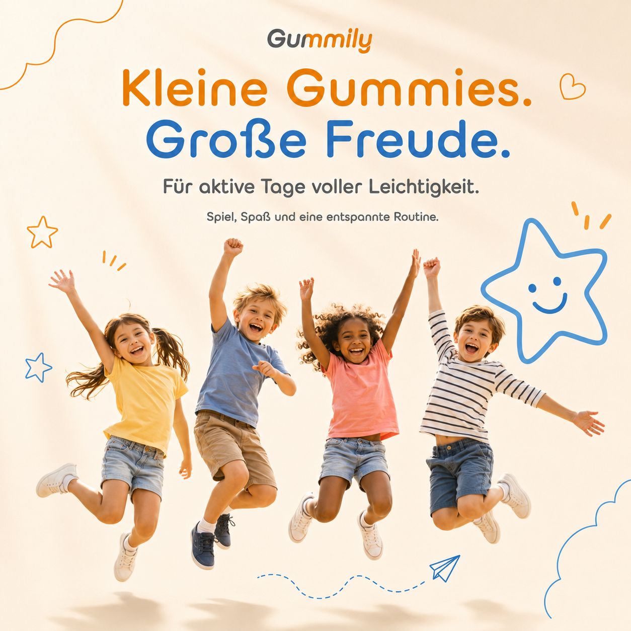Vier Kinder springen fröhlich; Text: 'Kleine Gummies. Große Freude. Für aktive Tage'.