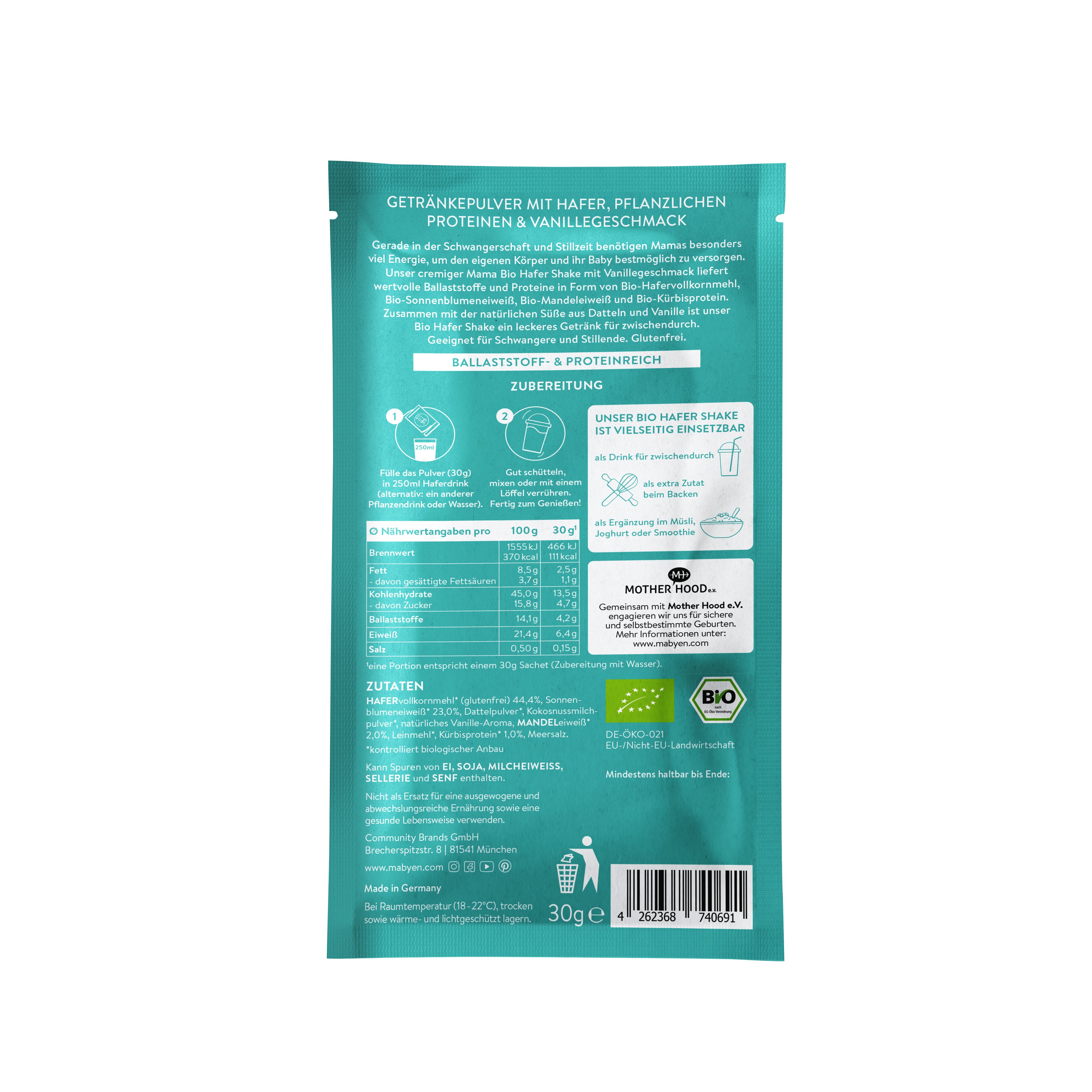 Rückseite der MABYEN Mama Bio Hafer Shake Vanille Packung. Text: Nährwertangaben, Zubereitung, Bio-Siegel, 30g.